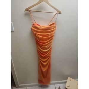 ZARA Orange Ombre Ruched Midi Dress Spaghetti Straps Bodycon Size S